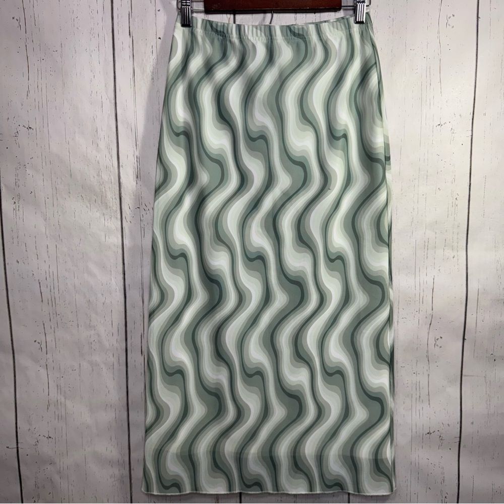 Reformation Green Wavy Swirl Print Mesh Midi Skirt Size S Retro Y2K Psychedelic